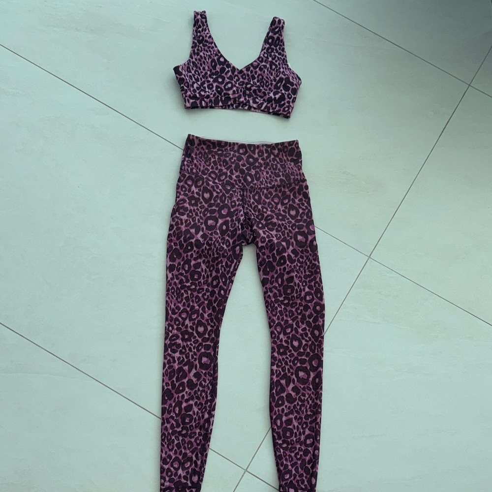 Fabletics Purple Leopard Active Bra and Leggings Set